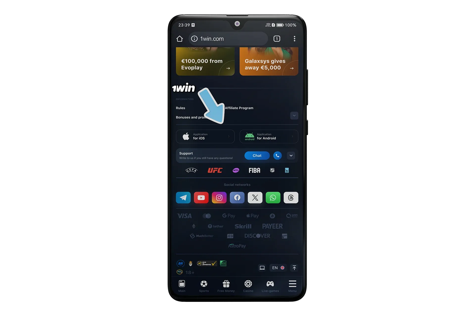 Download the 1win mobile app on the platform's official website.