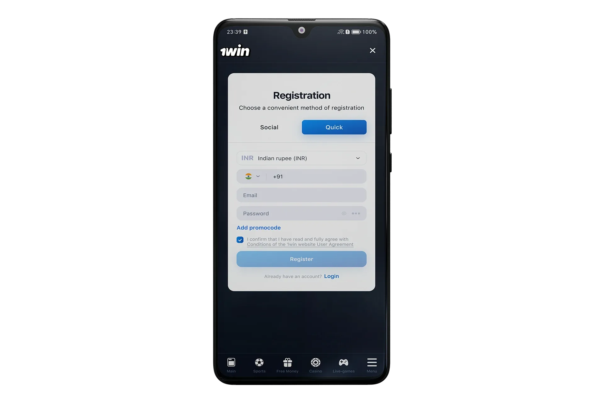 Register an account in the 1win app.
