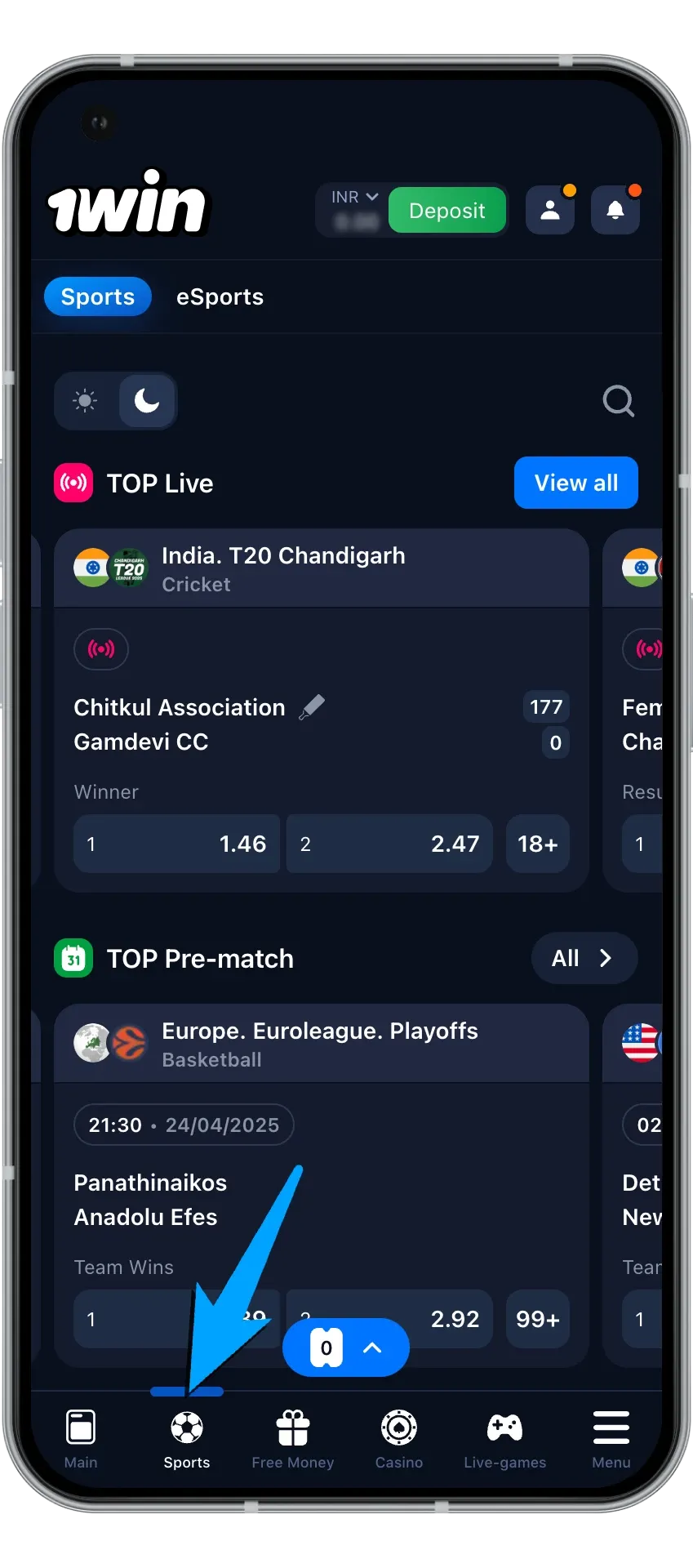 Simple steps to navigate to the desired section in the 1Win casino.