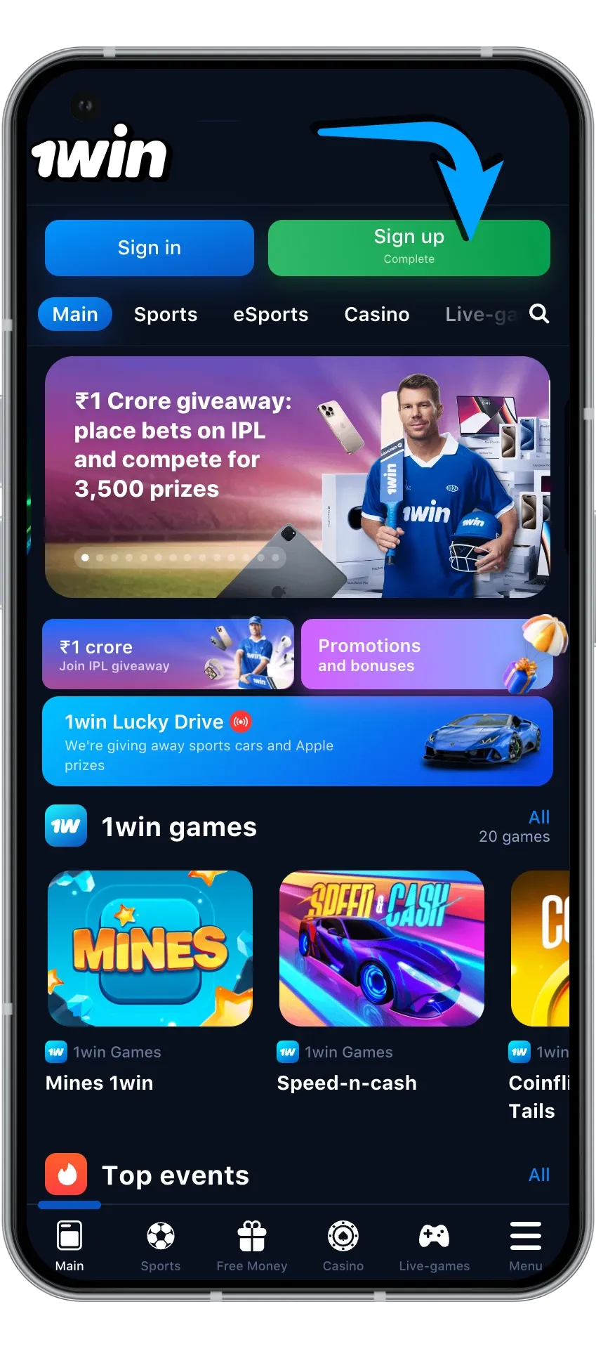 To begin registration, find the sign-up button on the official 1Win website.