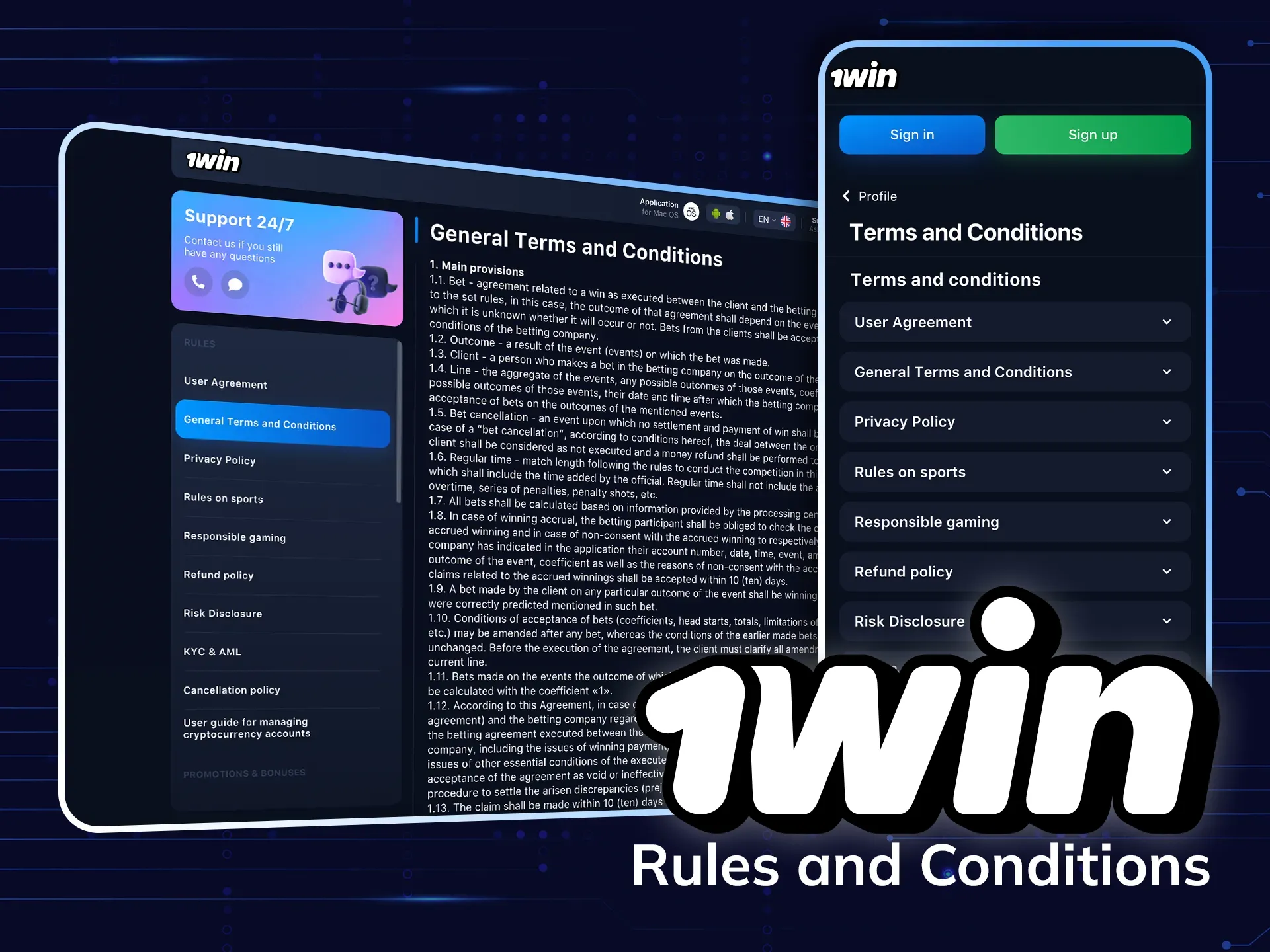 Read the terms and conditions of 1Win.