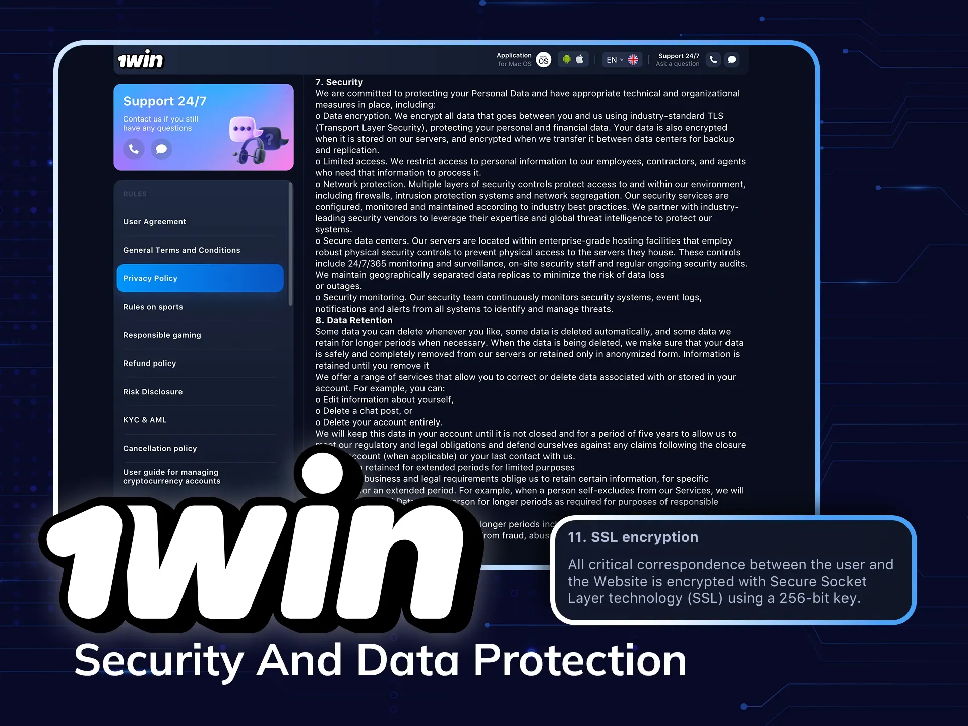See how 1Win cares about security and data protection.